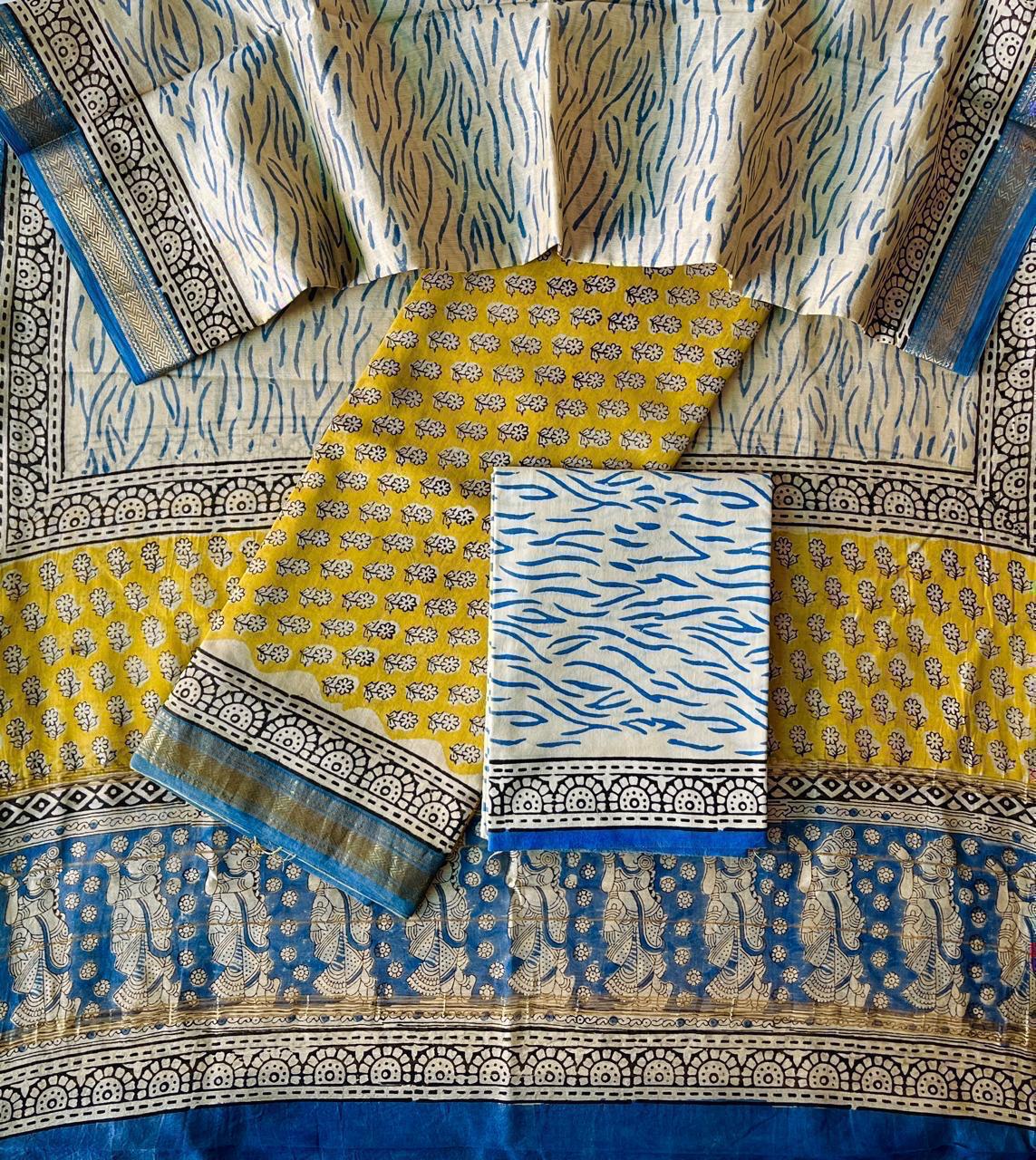 Maheshwari Silk Suit Set – Yellow & Blue Handblock Design with Cotton Bottom