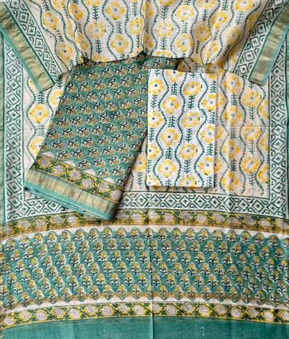 Maheshwari Silk Suit Set – Yellow & Blue Handblock Design with Cotton Bottom