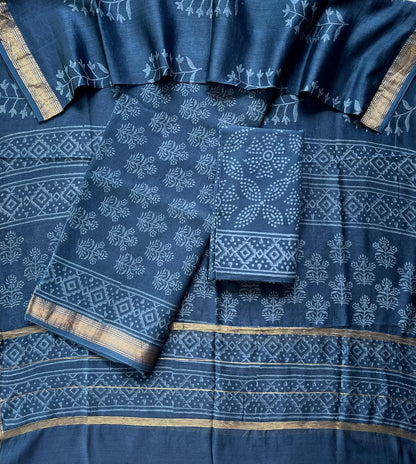 Teal Blue Maheshwari Silk Suit Set with Warli Art Cotton Bottom – Unstitched 3-Piece Set