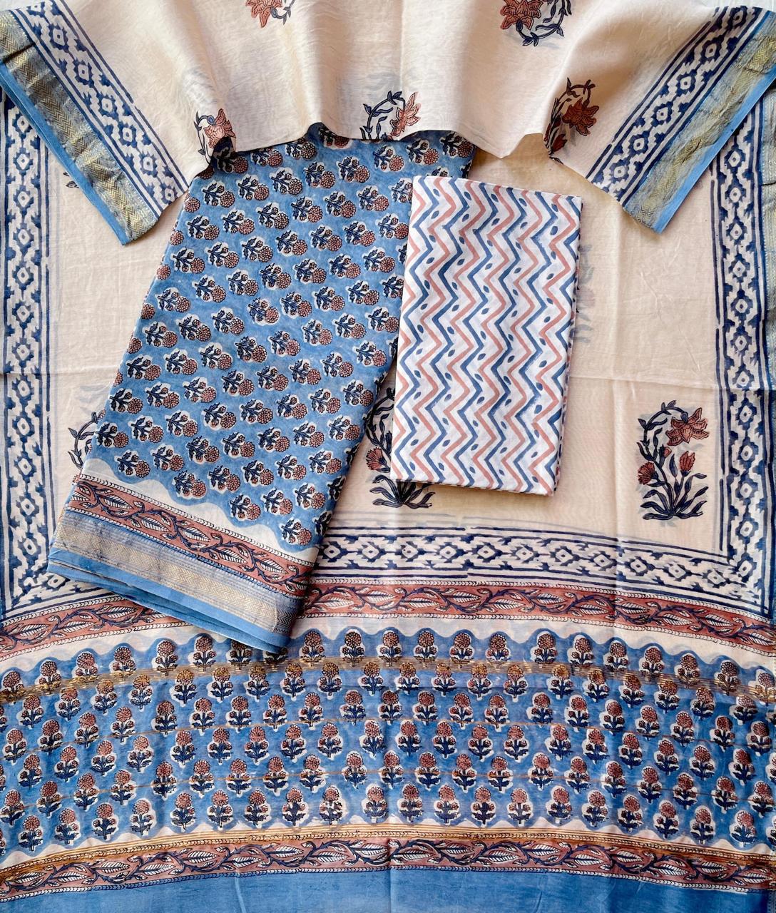 Maheshwari Silk Suit Set – Yellow & Blue Handblock Design with Cotton Bottom