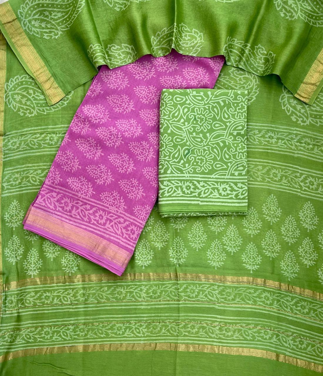 Rani Pink & Maroon Maheshwari Silk Suit Set – Unstitched 3-Piece with Floral Cotton Bottom