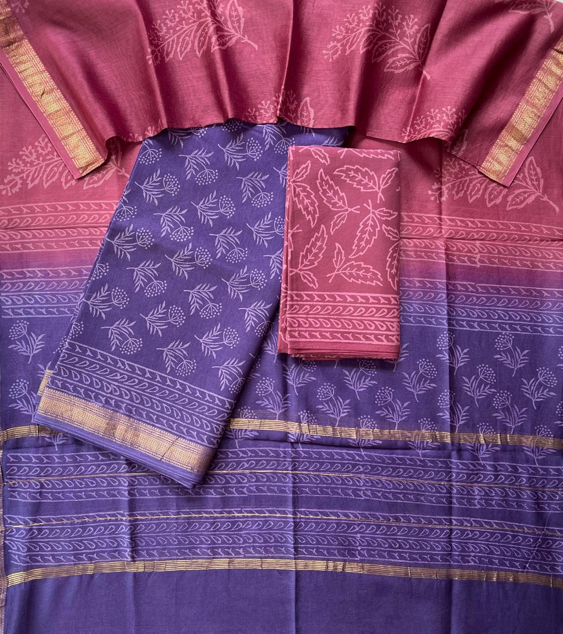 Green & Blue Maheshwari Silk Suit Set – Unstitched 3-Piece with Bandhani Cotton Bottom