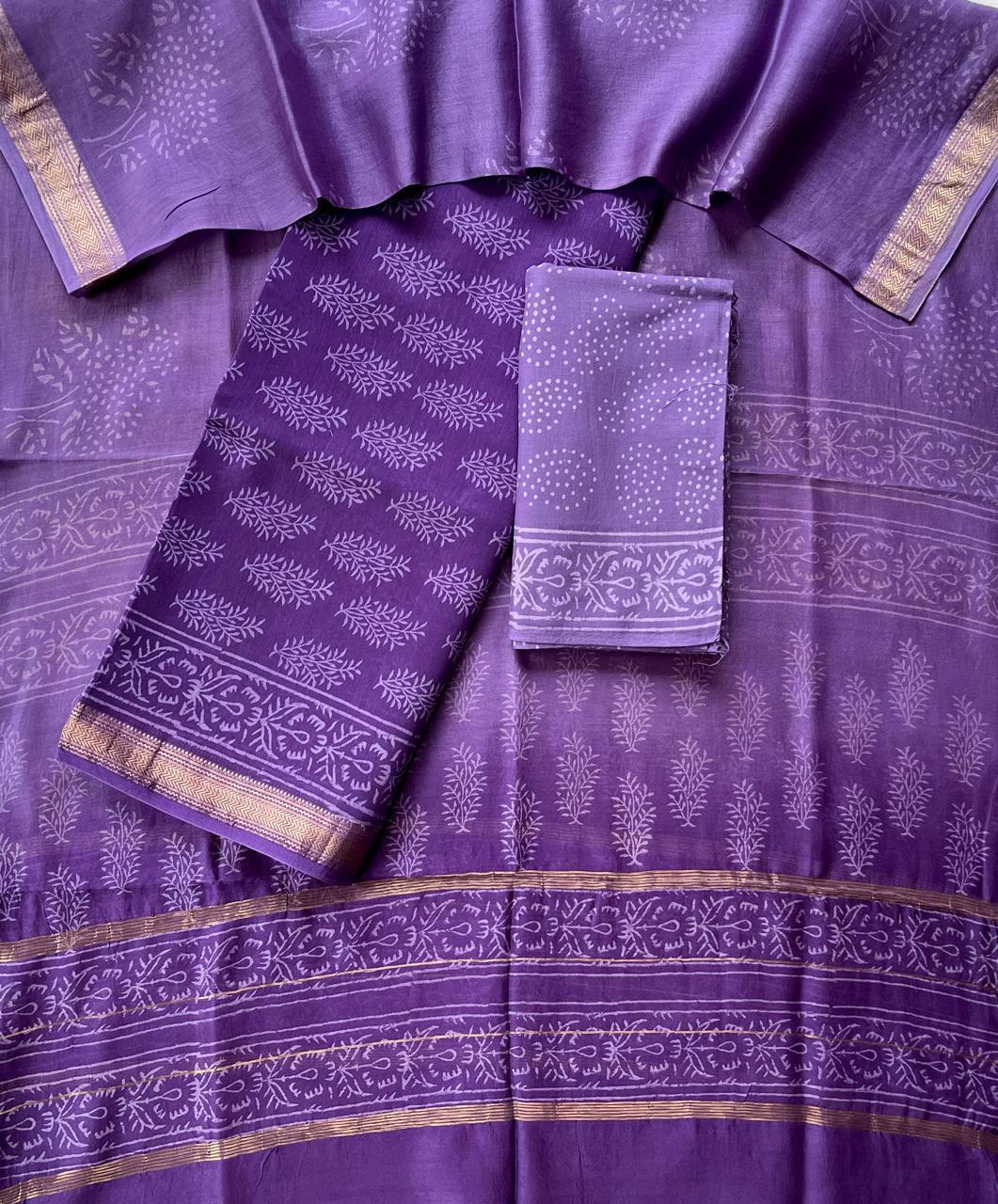 Teal Blue Maheshwari Silk Suit Set with Warli Art Cotton Bottom – Unstitched 3-Piece Set