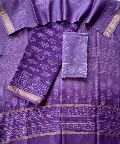 Teal Blue Maheshwari Silk Suit Set with Warli Art Cotton Bottom – Unstitched 3-Piece Set