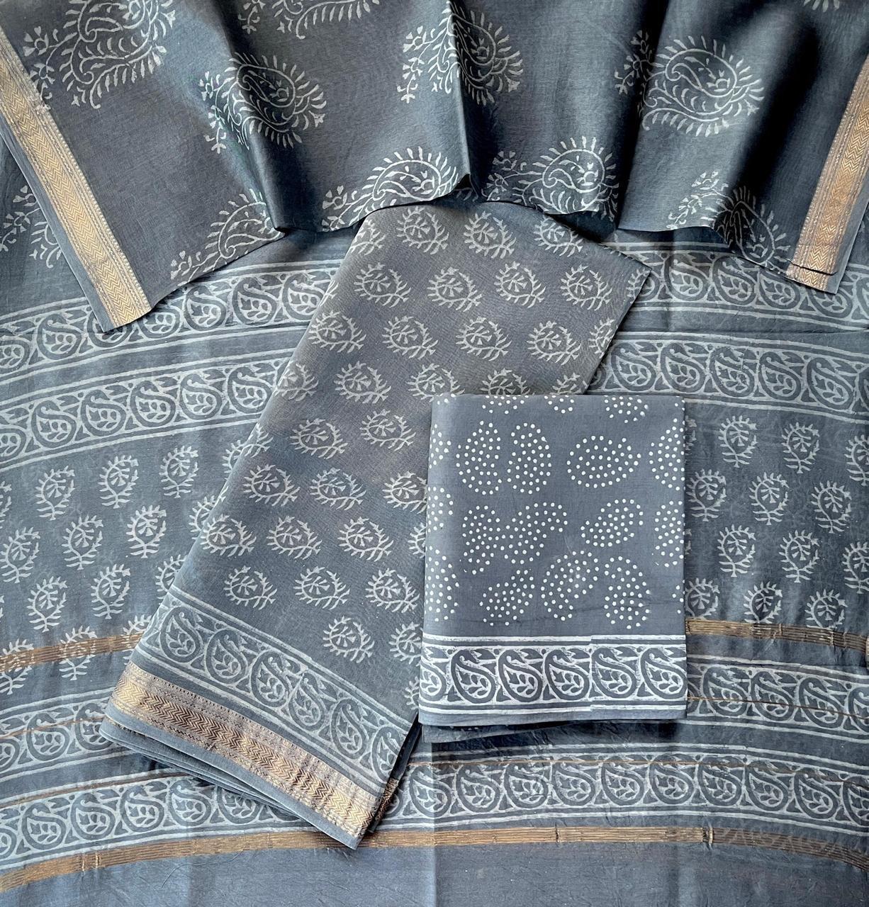 Teal Blue Maheshwari Silk Suit Set with Warli Art Cotton Bottom – Unstitched 3-Piece Set