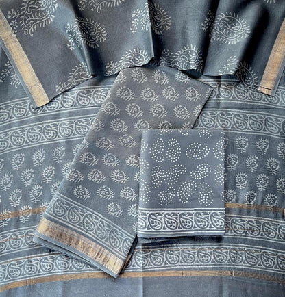 Teal Blue Maheshwari Silk Suit Set with Warli Art Cotton Bottom – Unstitched 3-Piece Set