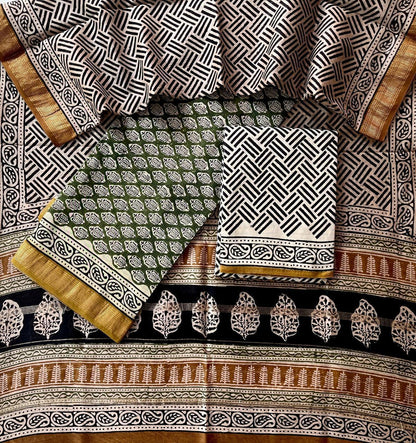 Maheshwari Silk Suit Set – Yellow & Blue Handblock Design with Cotton Bottom