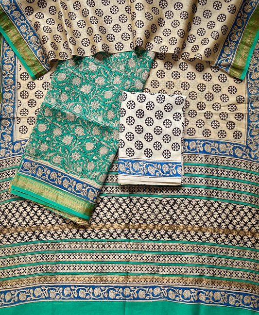 Maheshwari Silk Suit Set – Green & Blue Floral Weave with Cotton Bottom