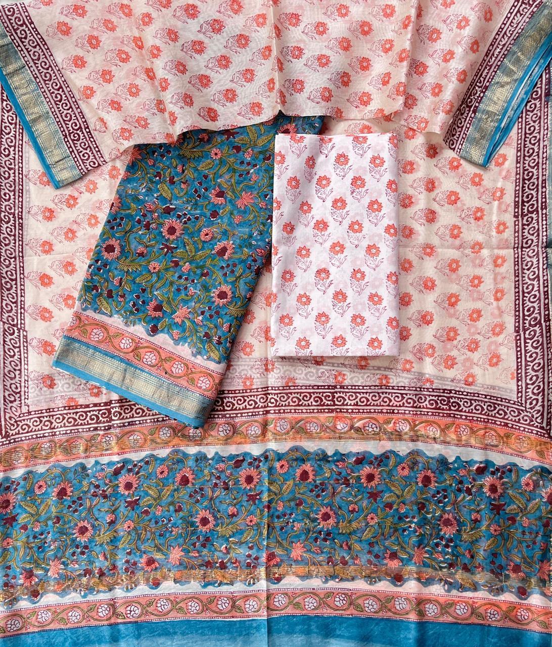 Maheshwari Silk Unstitched Suit Set – Pastel Green & Pink Floral Design