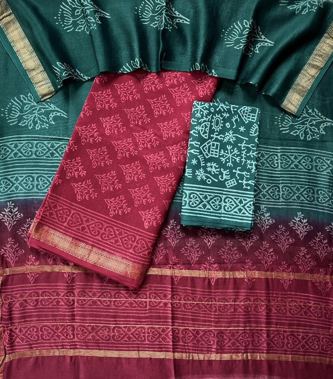 Green & Blue Maheshwari Silk Suit Set – Unstitched 3-Piece with Bandhani Cotton Bottom