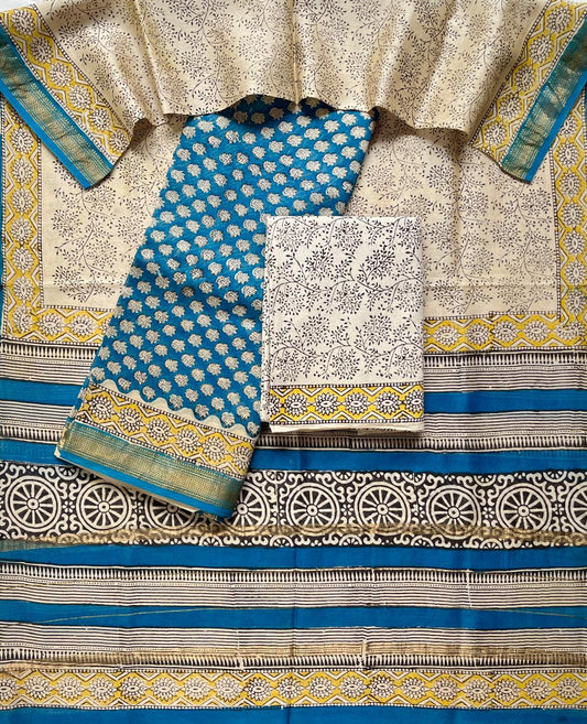Maheshwari Silk Suit Set – Green & Blue Floral Weave with Cotton Bottom