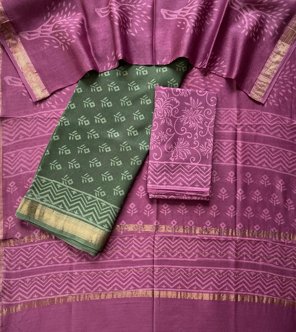 Rani Pink & Maroon Maheshwari Silk Suit Set – Unstitched 3-Piece with Floral Cotton Bottom
