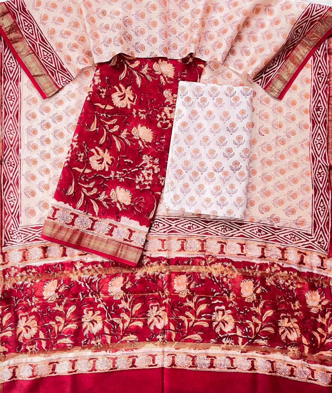 Maheshwari Silk Unstitched Suit Set – Pastel Green & Pink Floral Design