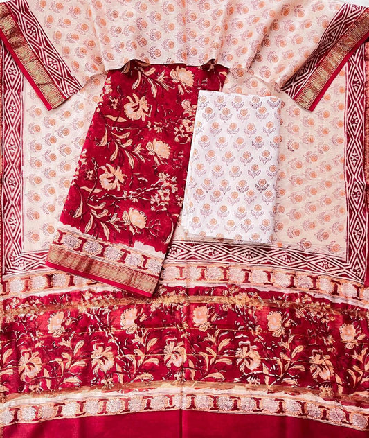 Maheshwari Silk Unstitched Suit Set – Pastel Green & Pink Floral Design