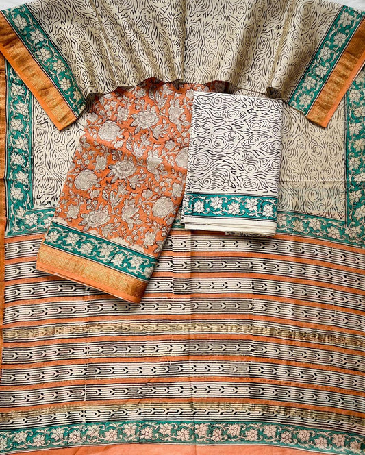 Maheshwari Silk Suit Set – Peach & Cream Handblock Design with Cotton Bottom