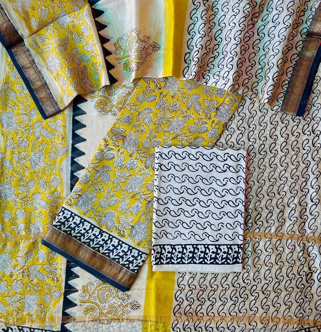 Maheshwari Silk Suit Set – Mustard Yellow with Indigo Accents