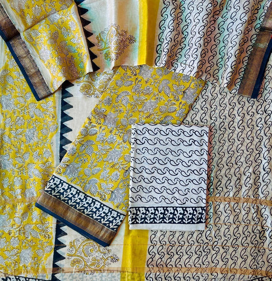 Maheshwari Silk Suit Set – Mustard Yellow with Indigo Accents