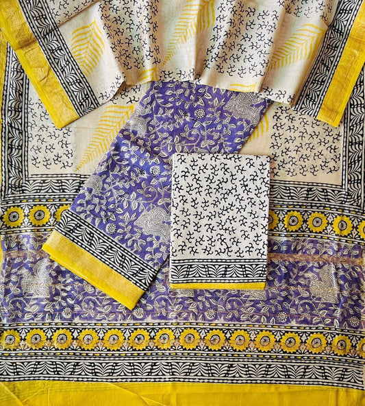 Maheshwari Silk Suit Set – Violet Floral with Yellow Accents