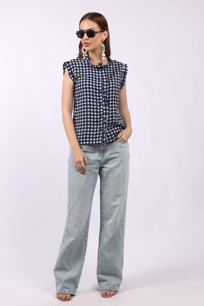 Navy Blue & White Gingham Sleeveless Top with Ruffle Detail