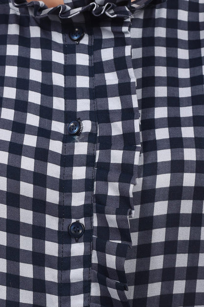 Navy Blue & White Gingham Sleeveless Top with Ruffle Detail