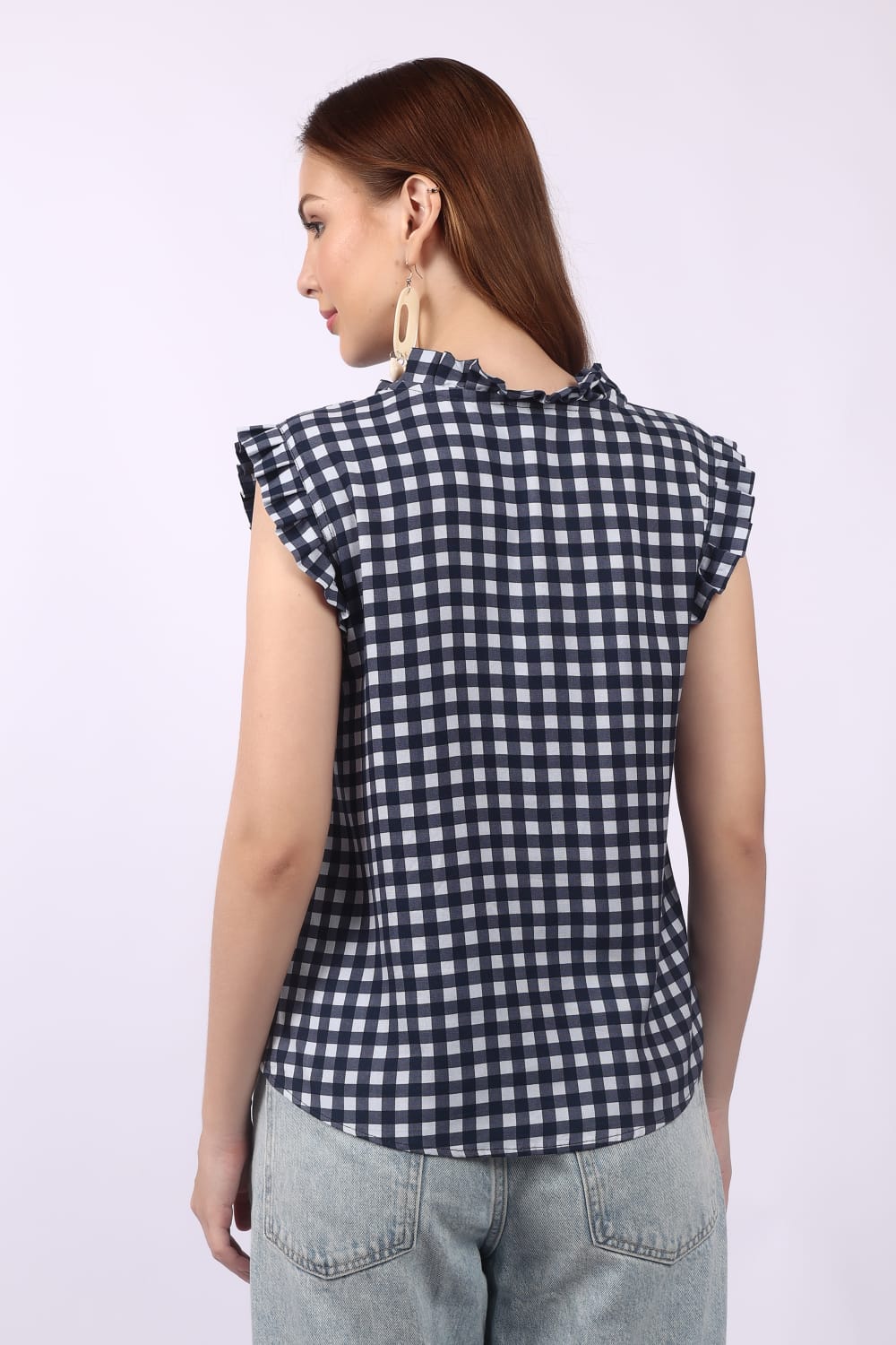 Navy Blue & White Gingham Sleeveless Top with Ruffle Detail