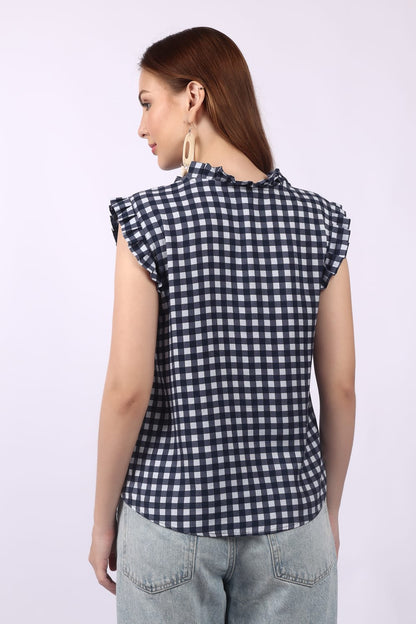 Navy Blue & White Gingham Sleeveless Top with Ruffle Detail
